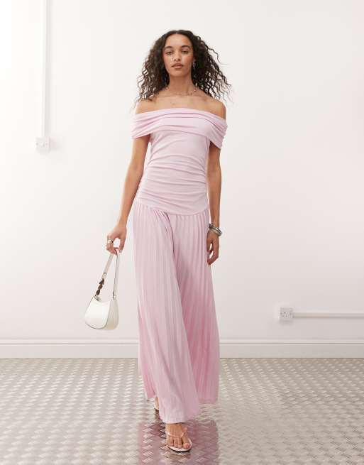 Lioness Field of Dreams fine knit foldover bardot ruched drop waist pleated maxi dress in soft pink