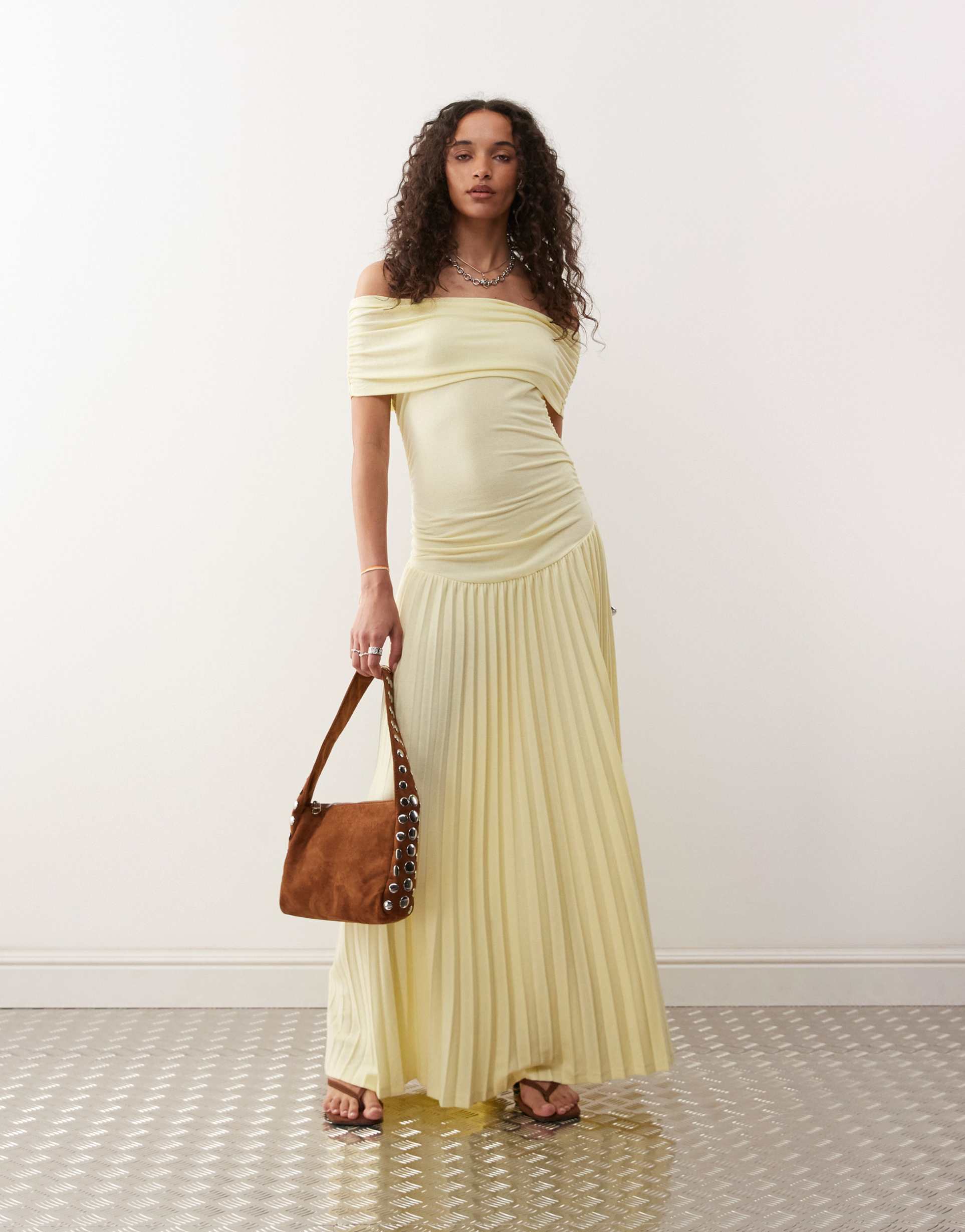 lioness field of dreams foldover bardot ruched drop waist pleated maxi dress in lemon