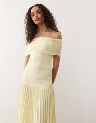 Lioness Field Of Dreams Foldover Bardot Ruched Drop Waist Pleated Maxi Dress