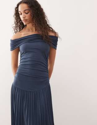 Lioness Field Of Dreams Foldover Bardot Ruched Drop Waist Pleated Maxi Dress In Blue
