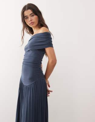 Lioness Field Of Dreams Foldover Bardot Ruched Drop Waist Pleated Maxi Dress In Blue