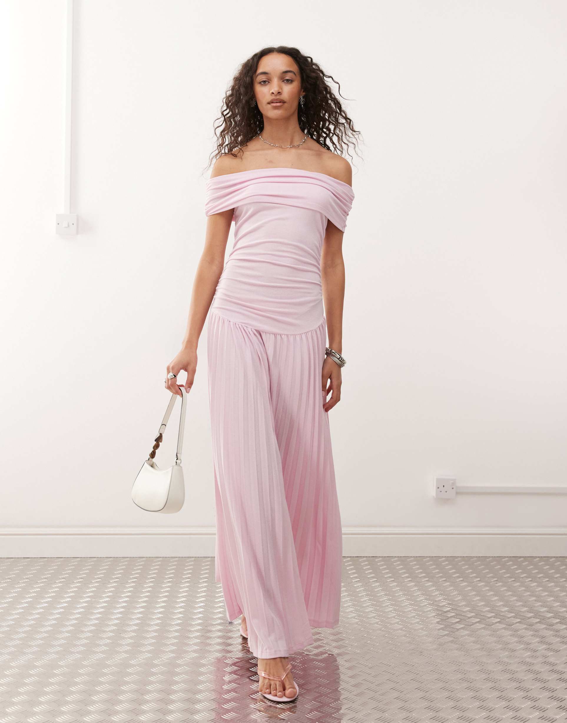 lioness field of dreams foldover bardot ruched drop waist pleated maxi dress in soft pink