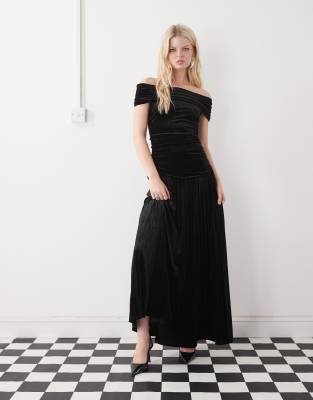 Lioness Field Of Dreams Foldover Bardot Ruched Drop Waist Pleated Velvet Maxi Dress In Black