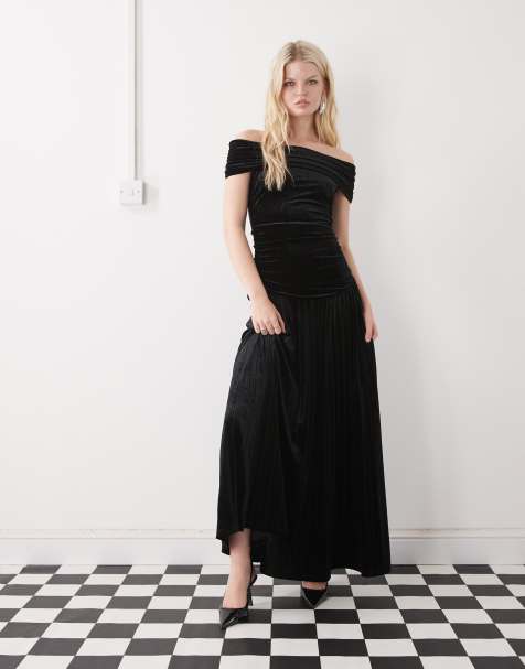 Lioness Field of Dreams foldover bardot ruched drop waist pleated velvet maxi dress in black - view 1