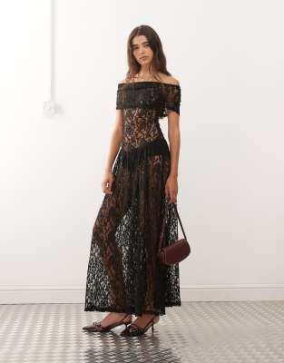Lioness Field Of Dreams Foldover Off The Shoulder Ruched Dropped Waist Sheer Lace Maxi Dress In Black