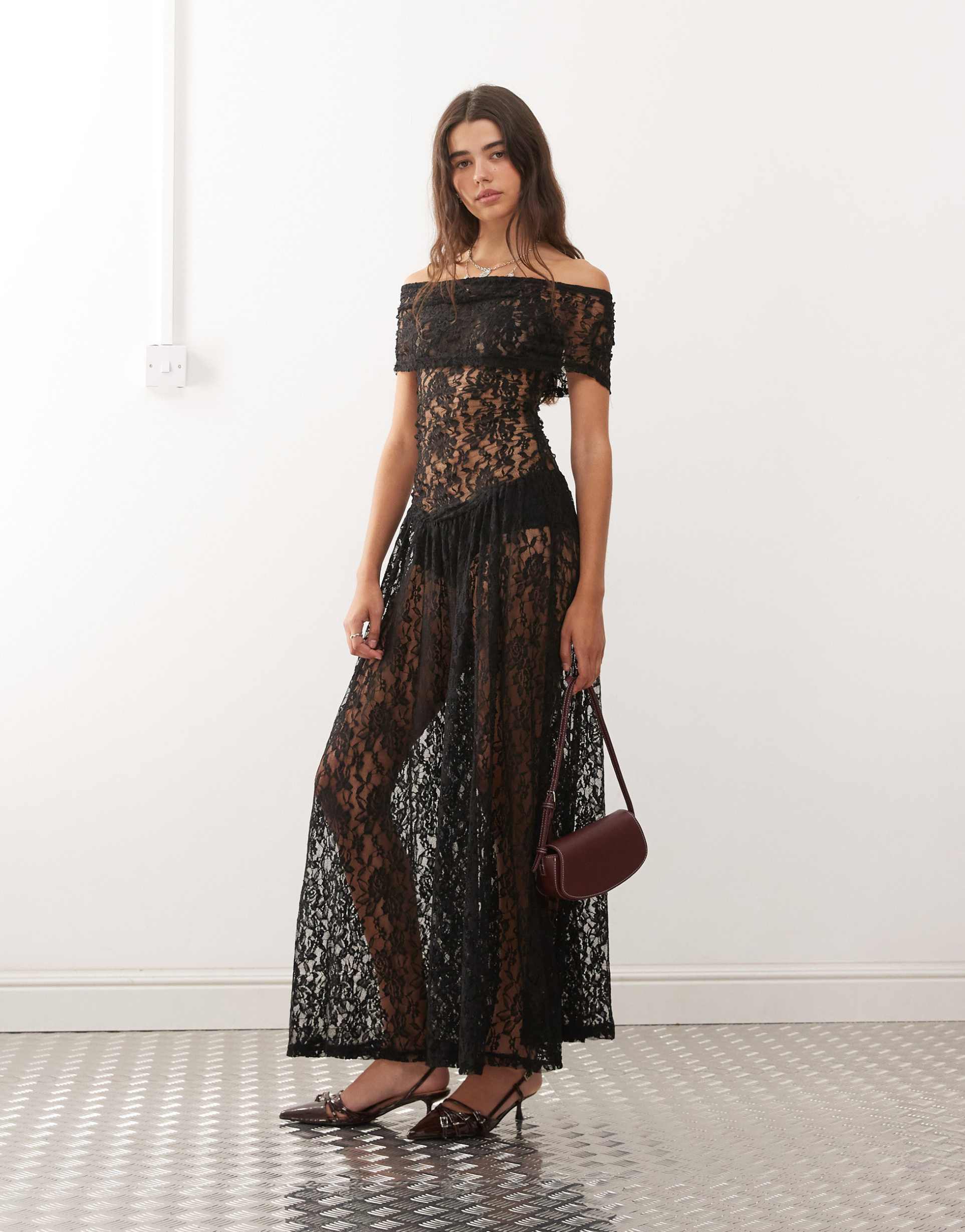 lioness field of dreams foldover off the shoulder ruched dropped waist sheer lace maxi dress in black