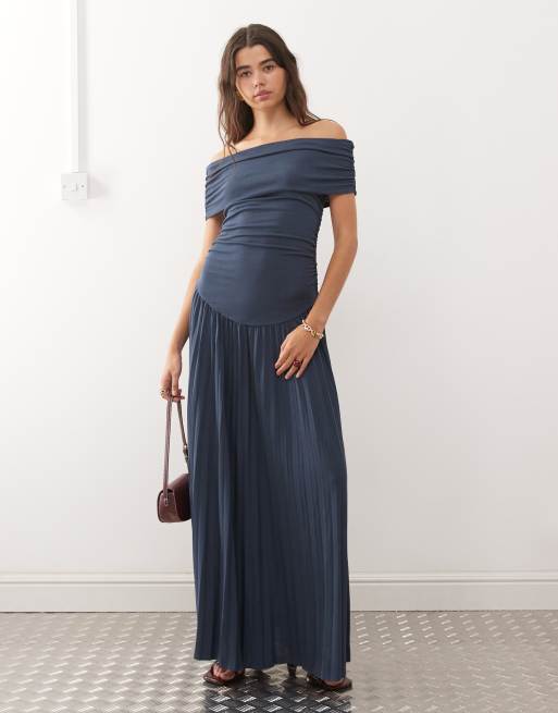 Lioness - Field of Dreams - Geplooide maxi jurk met omgeslagen bardot-hals en gerimpelde verlaagde taille in marineblauw