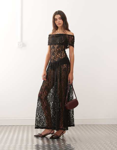 Lioness – Field of Dreams – Gerafftes Maxikleid in Schwarz aus transparenter Spitze mit tiefer Taille und Carmen-Ausschnitt mit Umschlag - view 1