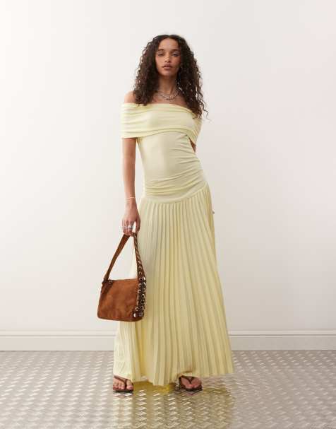 Lioness – Field of Dreams – Gerafftes Maxikleid in Zitronengelb mit niedriger Taille und Carmen-Ausschnitt mit Umschlag - view 1