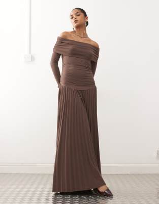 Lioness Field Of Dreams Long Sleeve Foldover Bardot Ruched Drop Waist Pleated Maxi Dress In Brown