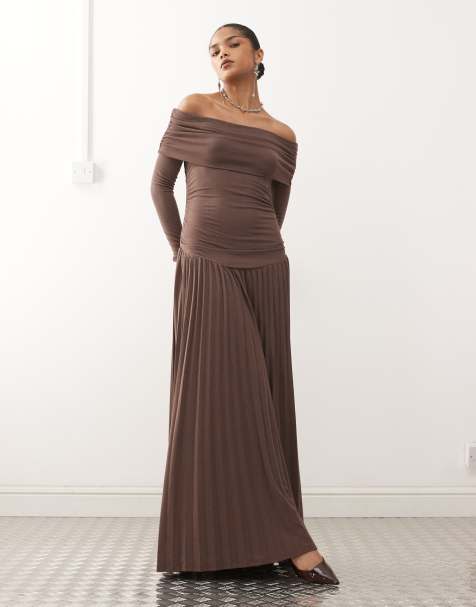 Lioness Field of Dreams glitter long sleeve foldover bardot ruched drop waist pleated maxi dress in chocolate