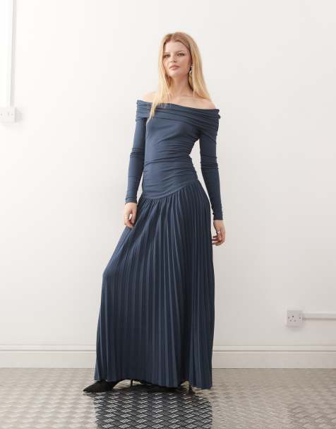 Lioness Field of Dreams long sleeve foldover bardot ruched drop waist pleated maxi dress in navy - view 1