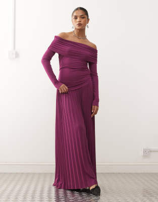Lioness Field Of Dreams Long Sleeve Foldover Bardot Ruched Drop Waist Pleated Maxi Dress In Purple