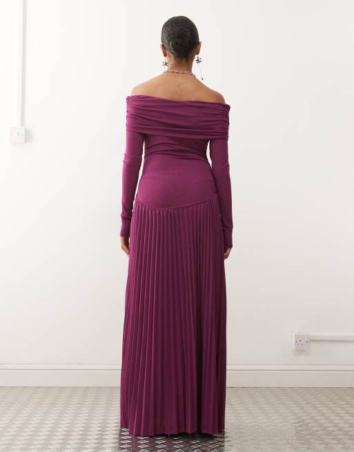 Lioness Field of Dreams long sleeve foldover bardot ruched drop waist  pleated maxi dress in plum