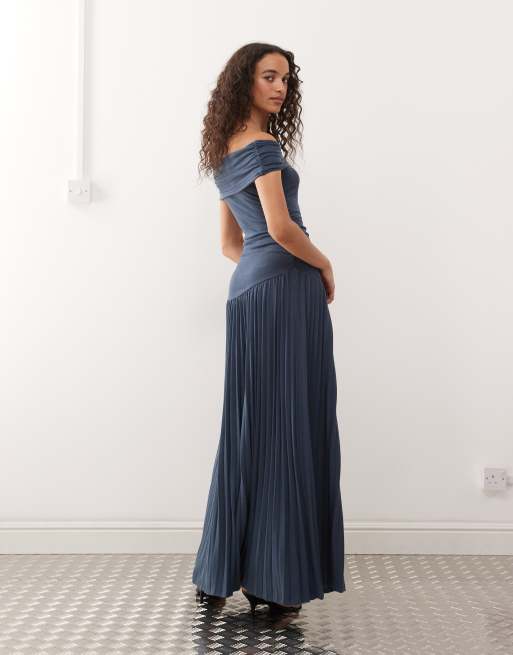Lioness - Field of Dreams - Robe longue froncée à encolure Bardot repliée et taille basse - Bleu marine, 4 de 4
