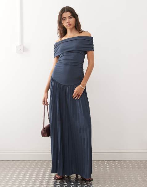 Lioness - Field of Dreams - Vestito lungo a pieghe blu navy arricciato con scollo alla Bardot risvoltato e vita scesa - view 1