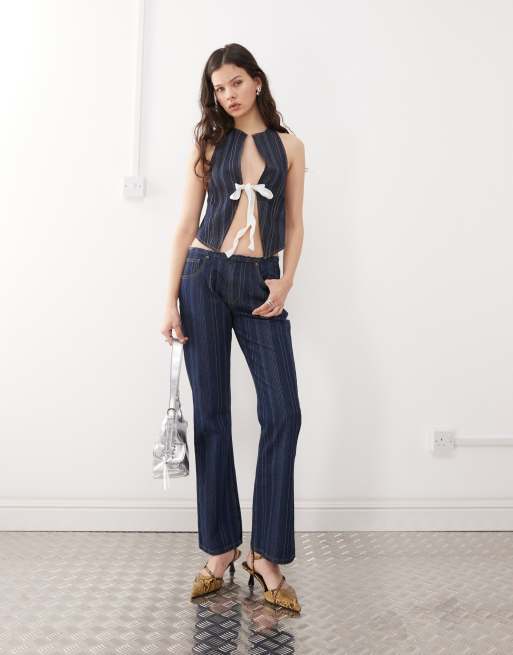 Lioness - Flared jeans met lage taille in donker denim met strepen, deel van co-ord set