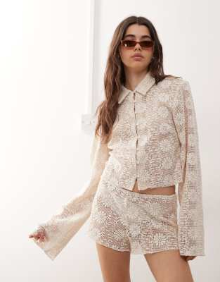 Lioness floral crochet bell sleeve button through shirt and low rise shorts co-ord in cream - view 1