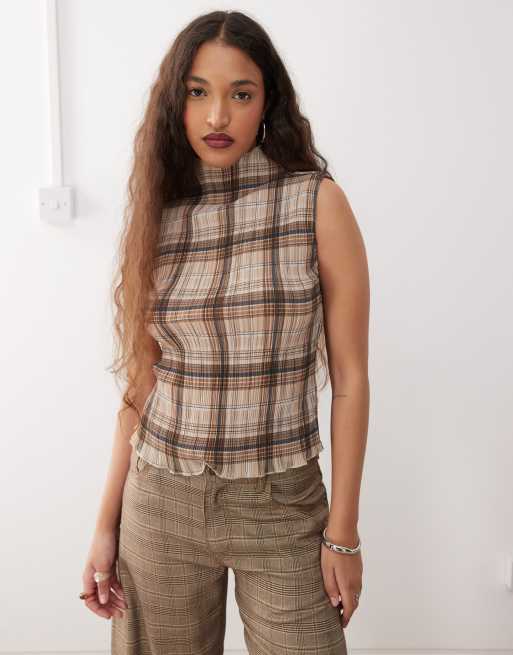 Lioness ford high neck sleeveless plisse top in tan check (part of a set)