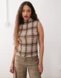 [Lioness] Lioness Ford high neck sleeveless plisse top in tan check-Multi L tan plaid