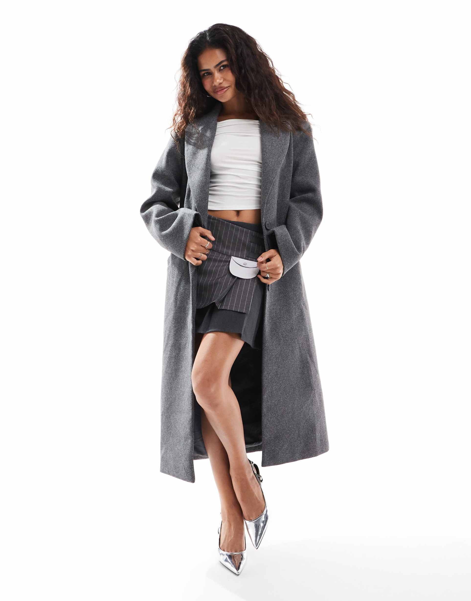 lioness formal drop shoulder maxi coat in charcoal