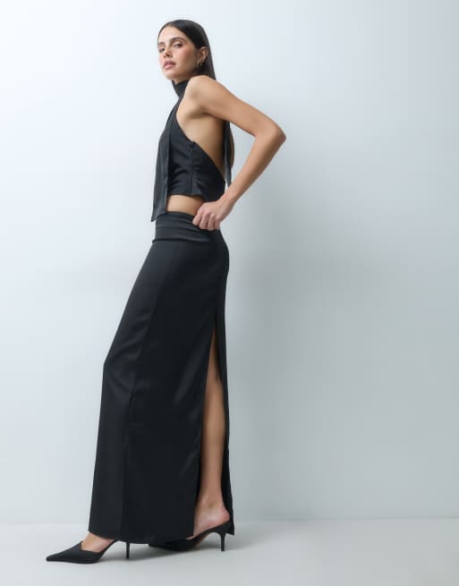 Lioness Front Row satin scarf detail halter neck top and column maxi skirt set in black, 3 of 3