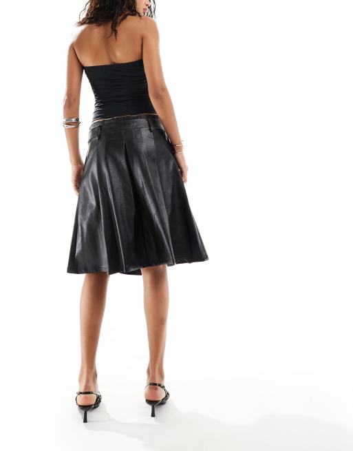 Lioness - Geplooide midi rok met leerlook en lage taille in zwart, 5 van 5