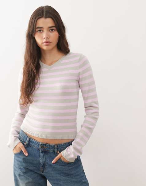 Lioness – Gestreifter Strickpullover in Zartrosa mit V-Ausschnitt - view 1