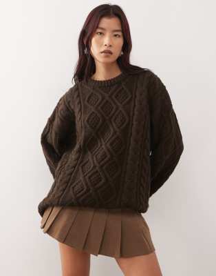 Lioness Lioness Gigi oversized chunky cable knit wide sleeve jumper in chocolate-Brown