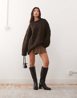Lioness Gigi Oversized Chunky Cable Knit Wide Sleeve Sweater In Brown