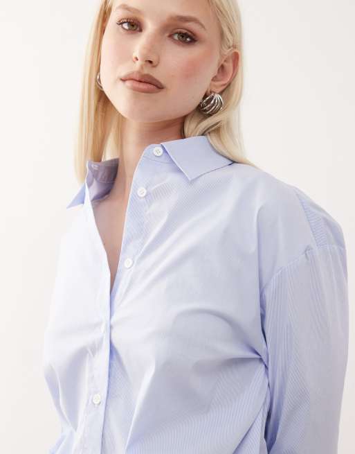 lioness blue shirt dress Lioness Girls button front cinched waistband mini shirt dress in blue  pinstripe