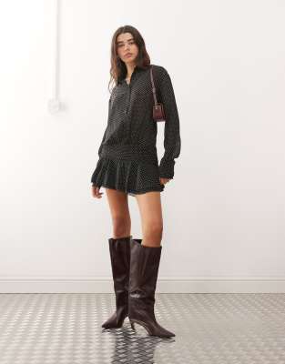 Lioness Girls button front cinched waistband ruffle skirt mini shirt dress in black polka dots