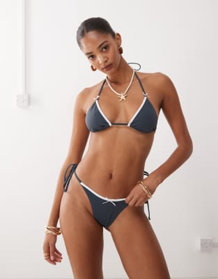 Lioness Gisele bow detail contrast trim halterneck bikini top co-ord in navy - view 1