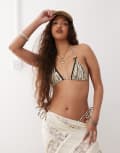 [Lioness] Lioness gisele bow detail contrast trim halterneck bikini top in zebra (part of a set)-Multi L Zebra