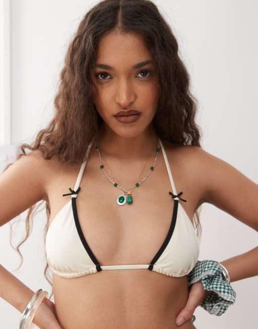 Lioness gisele bow detail contrast trim halterneck triangle bikini top in cream (part of a set)