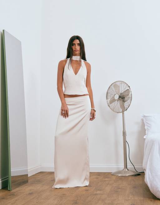 Lioness gonna lunga a colonna in raso Front Row in coordinato color crema, 4 di 5