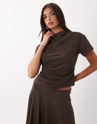 Lioness Halcyon Linen Rich Draped Boat Neck Cinched Waist Relaxed Top In Brown