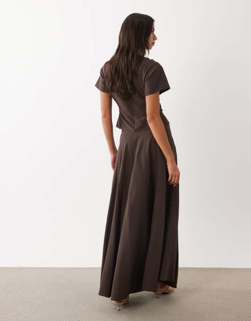 Lioness - Halcyon - Luchtige maxi rok van linnenmix in chocoladebruin, deel van co-ord set, 2 van 5