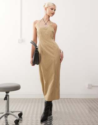 Lioness Halter Midi Dress In Stone Stripe-neutral