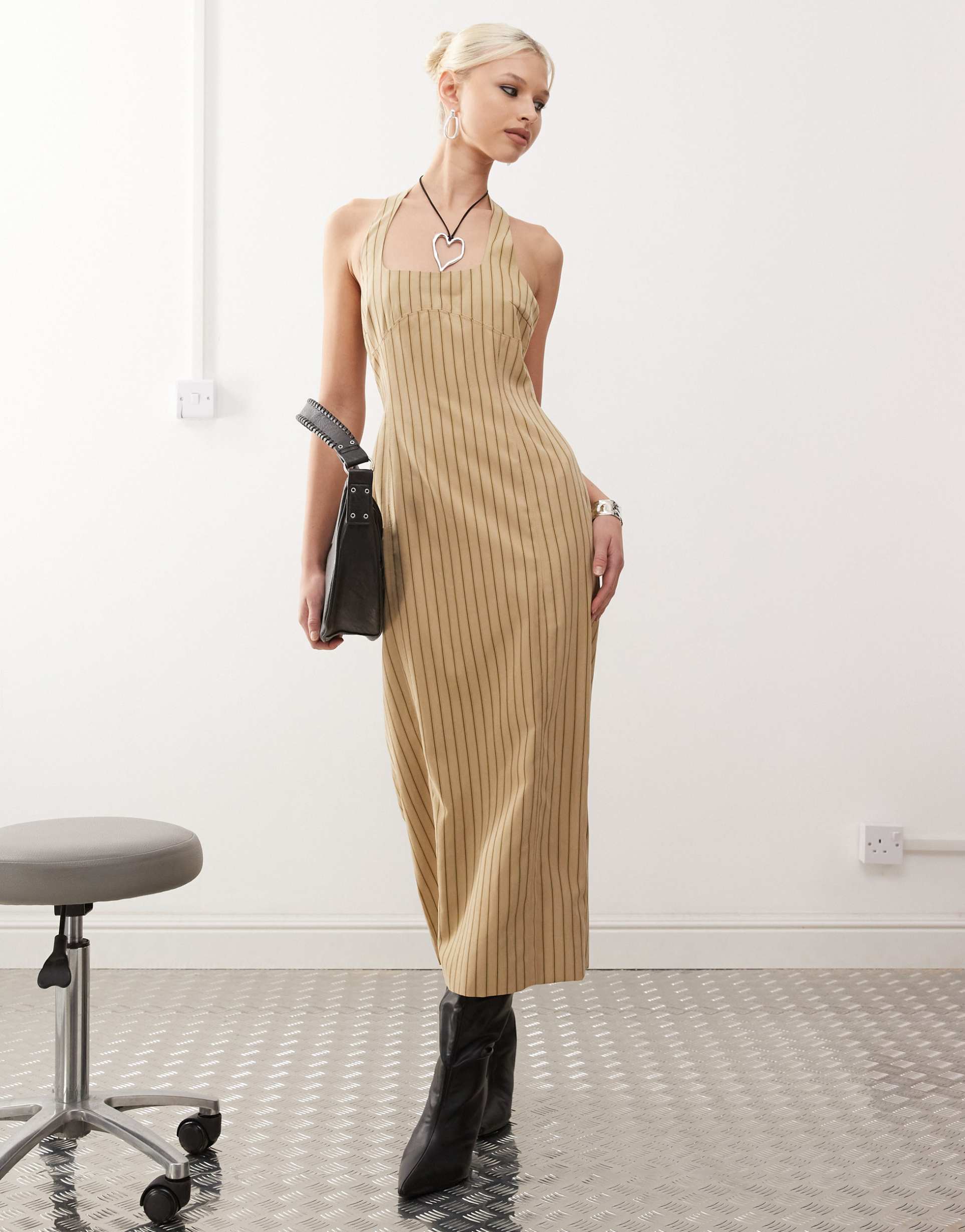 lioness halter midi dress in stone stripe