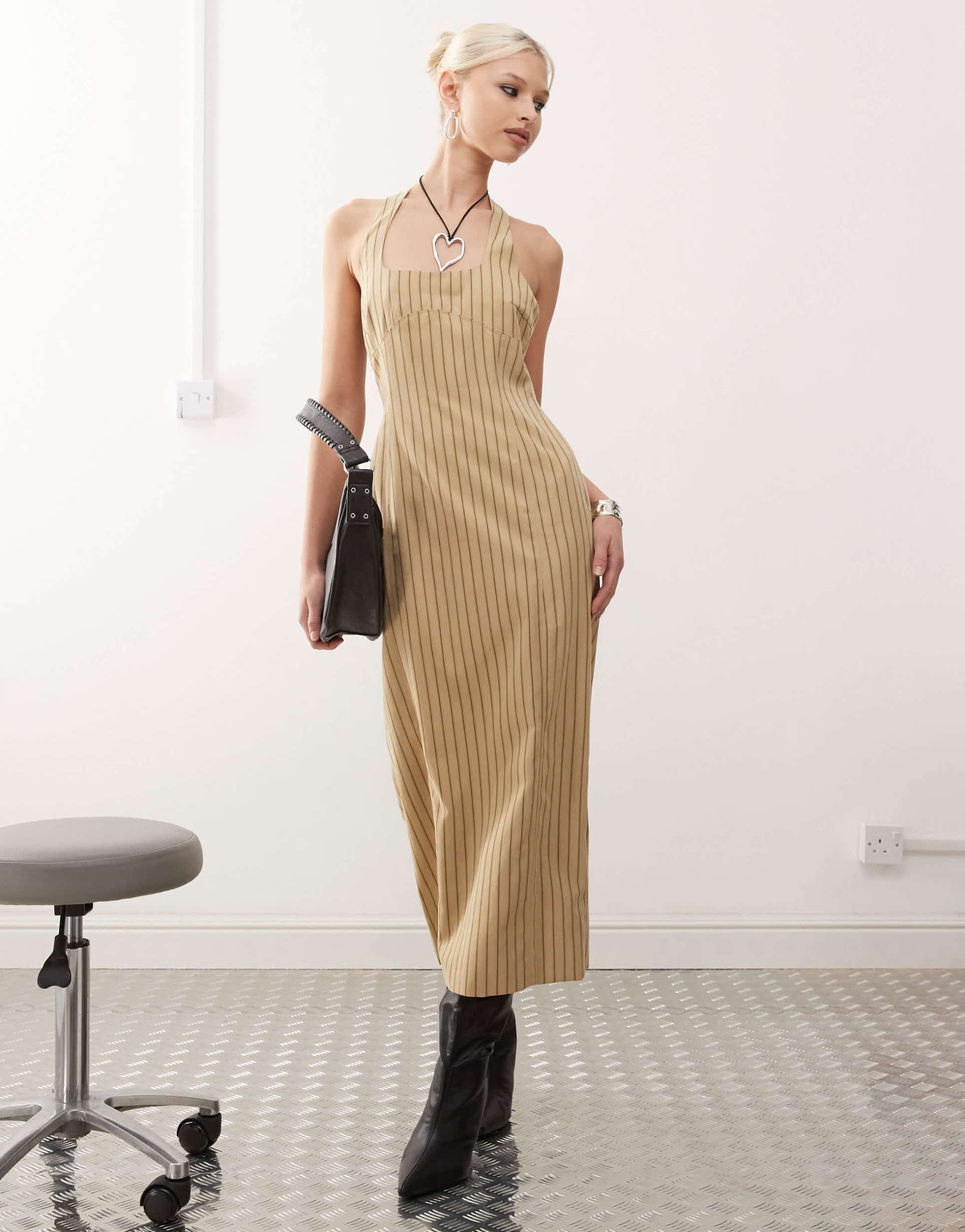 lioness halter neck back split midi dress in beige stripe
