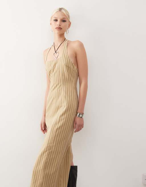 Lioness halter neck back split midi dress in beige stripe
