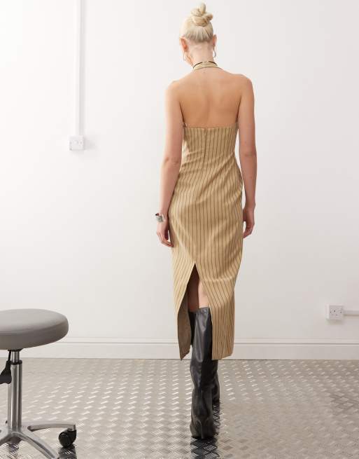 Lioness halter neck back split midi dress in beige stripe