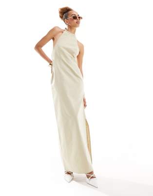 Lioness Halterneck Low Back Maxi Dress In Beige-neutral