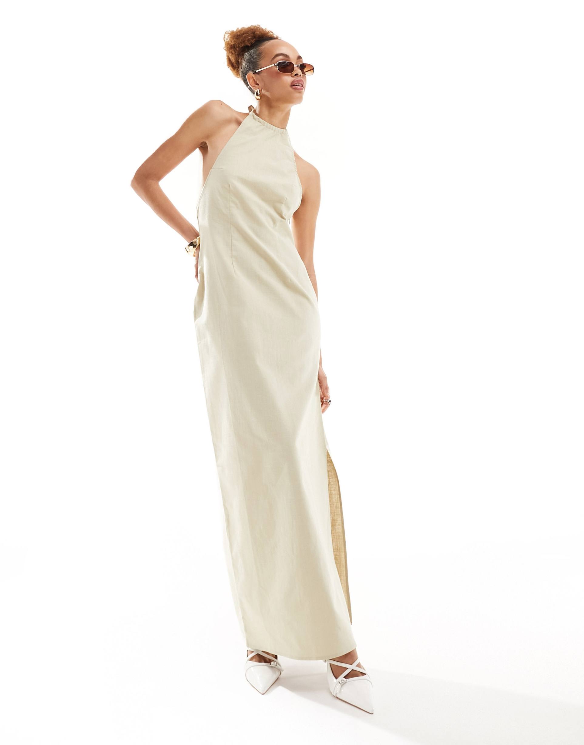 lioness halterneck low back maxi dress in beige