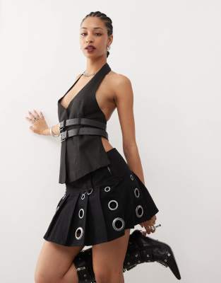 Lioness Lioness halterneck tailored double buckle waist top in black