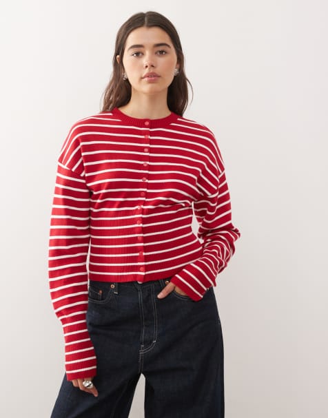 Lioness - Head In The Clouds - Cardigan in maglia rosso a righe stretto in vita - view 1