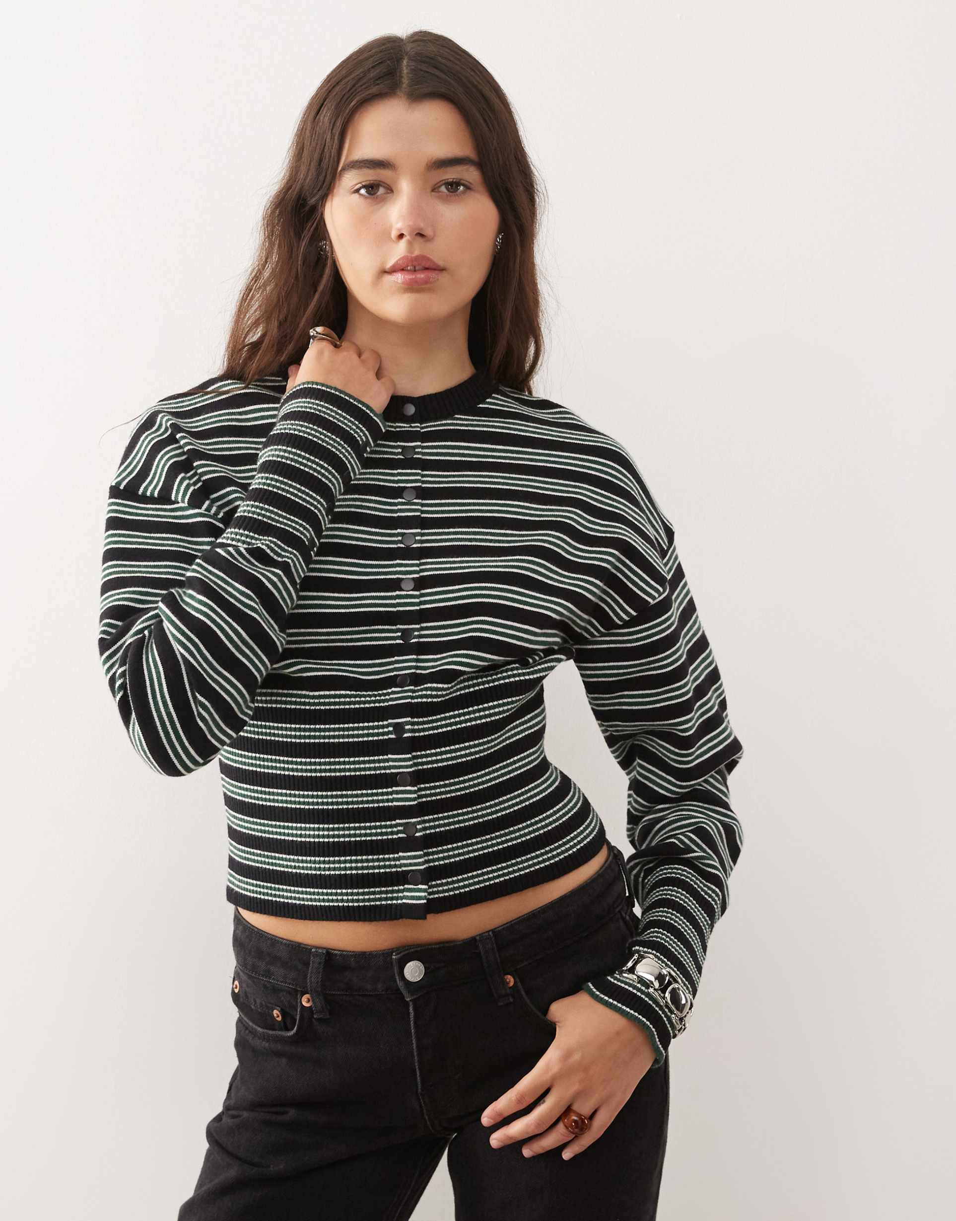 lioness head in the clouds cinched waist knitted cardigan in black and green stripe