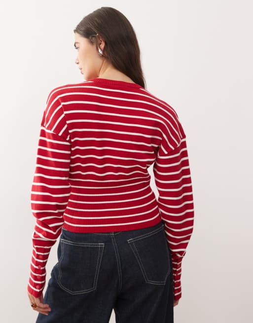 Lioness Head In The Clouds cinched waist knitted cardigan in red stripe, 4 of 4