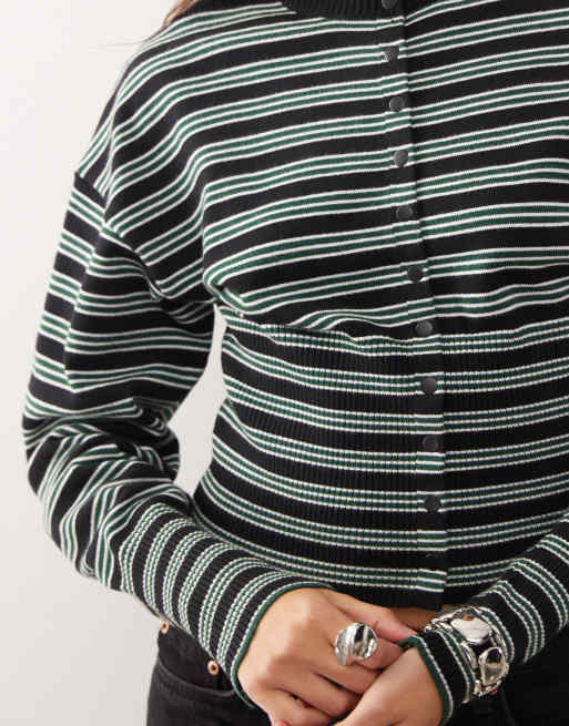 Lioness – Head In The Clouds – Taillierte, gestreifte Strickjacke in Schwarz und Grün, 2 von 4